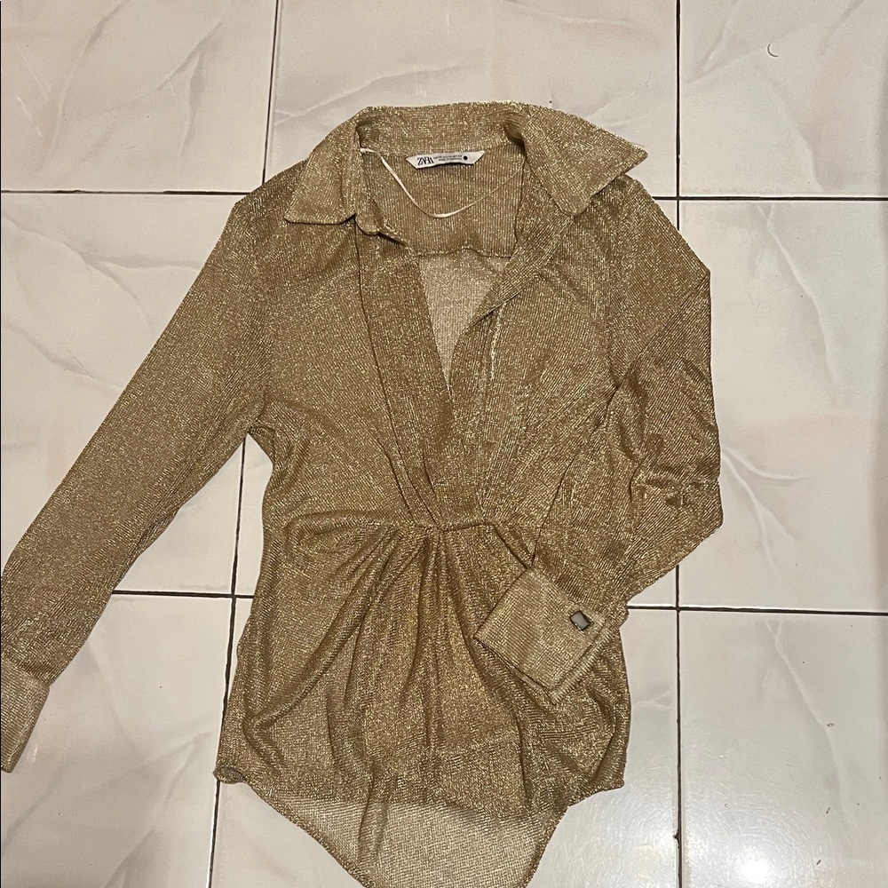 Zara Shimmering Gold Button-Down Blouse